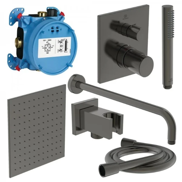 Ideal Standard Ceratherm C100 PACK ALL-IN-One système de douche encastré avec Ceratherm C100 partie apparente - partie encastrée Easy-box - IdealRain bras pour douche de tête 400 mm - douche de tête 3