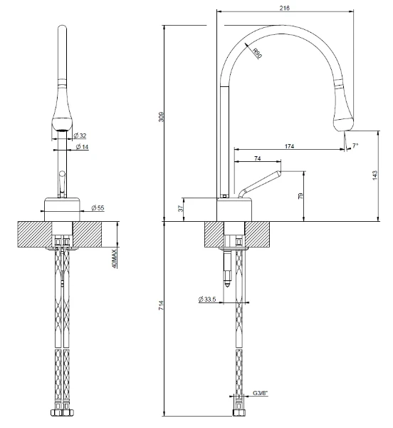 GESSI Goccia Mitigeur lavabo avec bec court sans vidage avec flexibles de raccordement. chromé