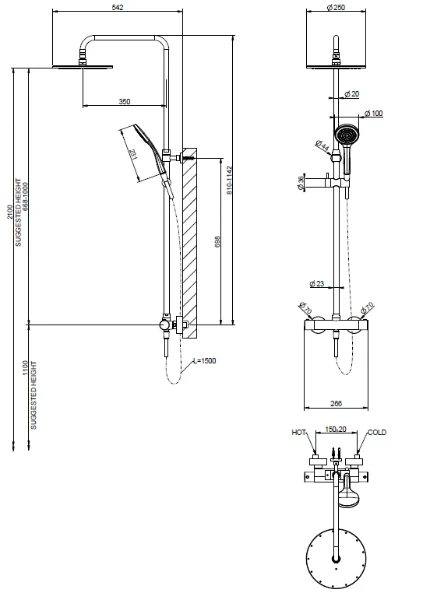 GESSI Shower Column Colonne de douche THERMOSTATIQUE avec pomme de douche Ø250, inverseur automatique, support orientable sur barre de douche, flexibles 1,50 m et douchette anticalcaire. Chrome