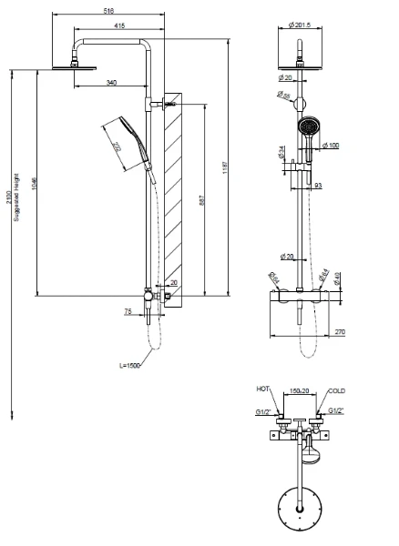 Gessi Emporio Shower set de douche thermostatique avec douche de tête 200 mm et douchette anticalcaire - flexible 1500 mm - chromé
