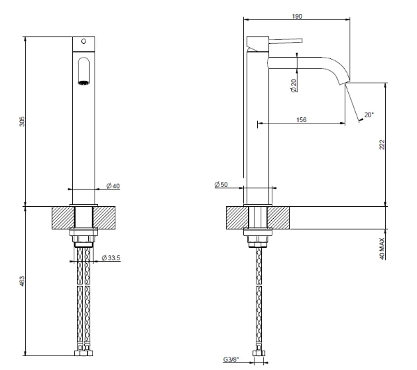 GESSI Flessa Mitigeur lavabo réhaussé, bec long. Sans vidage, avec flexibles de raccordement. Steel Brushed
