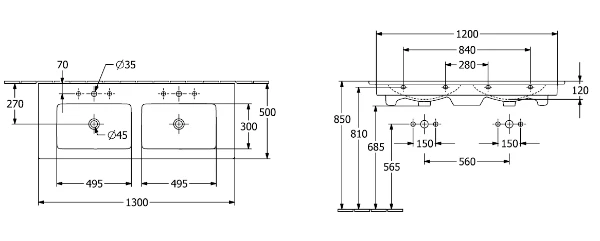 Villeroy & Boch Venticello dubbele meubelwastafel 1300 x 500 mm - wit CeramicPlus - 2 kraangaten - met overloop