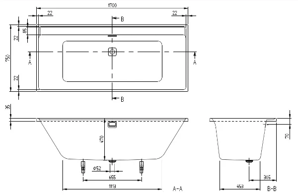 Villeroy & Boch Collaro baignoire acrylique 1700 x 750 mm - Stone White - vidange du bain Black Matt