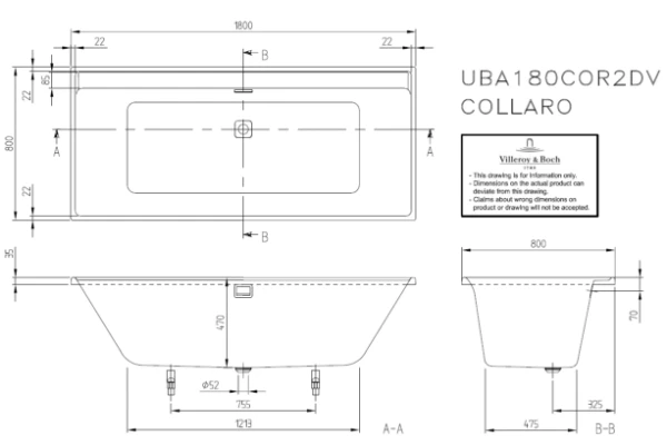 Villeroy & Boch Collaro baignoire acrylique 1800 x 800 mm - wit alpine - vidange du bain Chrome