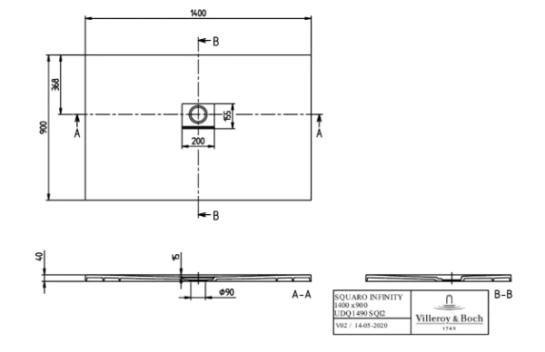 Villeroy & Boch Squaro Infinity receveur de douche rectangulaire 1400 x 900 x 40 mm - Anthracite