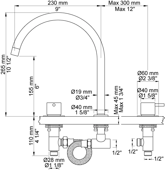 MELANGEUR DE LAVABO 3-TROUS VOLA inox
