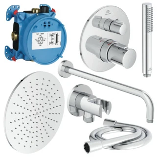 Ideal Standard Ceratherm T100 PACK ALL-IN-One système de douche encastré avec Ceratherm T100 partie apparente, partie encastrée Easy-box, IdealRain bras pour douche de tête 400 mm, douche de tête 300 