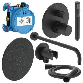 Ideal Standard Ceratherm T100 PACK ALL-IN-One système de douche encastré avec Ceratherm T100 partie apparente, partie encastrée Easy-box, IdealRain bras pour douche de tête 400 mm, douche de tête 300 mm, 12 l/min, support pour douchette avec coude i