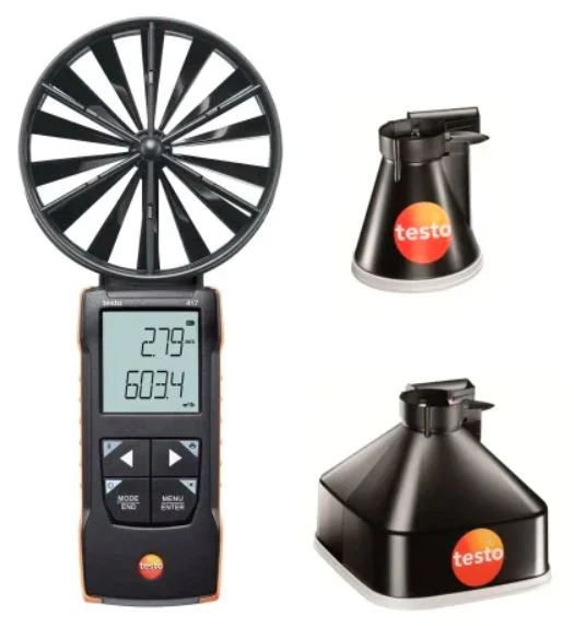 Testo 417 Set 1 vleugelrad-anemometer 100 mm (0,3 … 20 m/s) met app-koppeling, incl. trechterset bestaande uit een trechter voor ronde ventilatieroosters