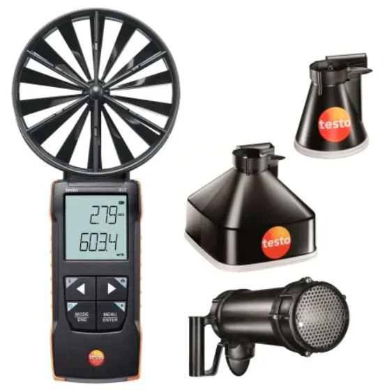 Testo 417 Set 2 vleugelrad-anemometer 100 mm (0,3 ... 20 m/s) met app-koppeling, incl. trechterset bestaande uit een trechter voor ronde ventilatieroosters