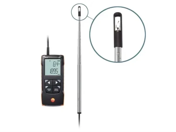 Testo 425 thermische hittedraad-anemometer (0 … 30 m/s) met app-koppeling, vast aangesloten telescoop (max. 820 mm), incl. transporttas en kalibratieprotocol