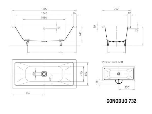Kaldewei ConoDuo baignoire acier émaillé 1700 x 750 x 420 mm - noir mat