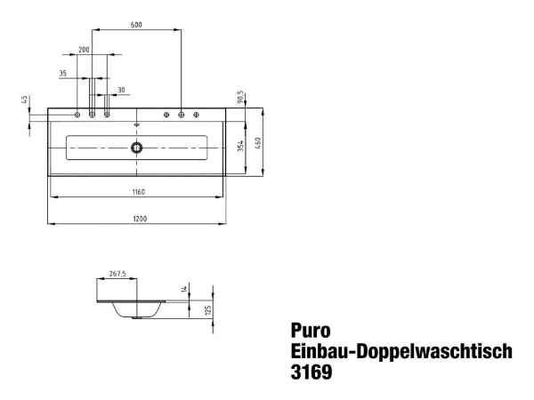 Kaldewei Puro lavabo encastré 1200 x 460 mm - blanc alpine - 2 trous de robinet - avec trop-plein - effet perlé