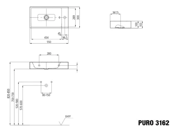Kaldewei Puro lave-mains 550 x 300 mm - cuvette droite - blanc alpine - sans trou de robinet - sans trop-plein - effet perlé