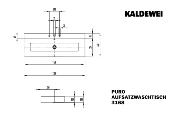 Kaldewei Puro lavabo à poser 1200 x 460 x 120 mm - noir - sans trou de robinet - avec trop-plein - effet perlé
