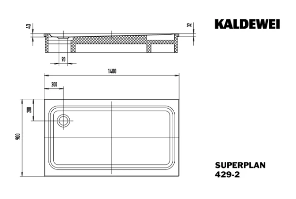 Kaldewei Superplan receveur de douche acier émaillé 1400 x 900 mm - blanc mat - secure plus - support