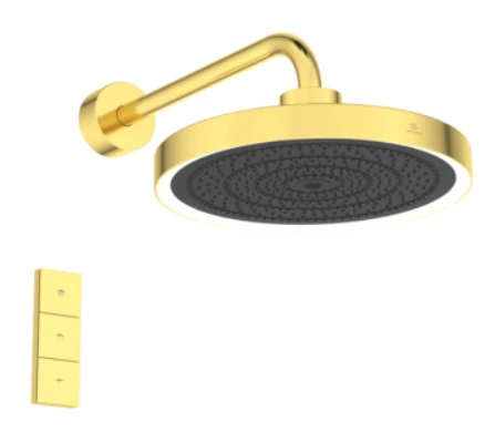 Ideal Standard IdealRain Solos pomme de tête ø 330 mm 3f avec éclairage led+télécommande (kit 2), 12 l/min et bras de douche 400 mm. brushed gold