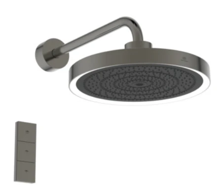 Ideal Standard IdealRain Solos pomme de tête ø 330 mm 3f avec éclairage led+télécommande (kit 2), 12 l/min et bras de douche 400 mm. brushed gun metal