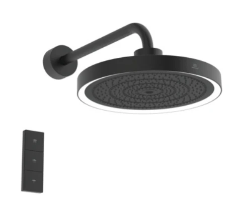 Ideal Standard IdealRain Solos pomme de tête ø 330 mm 3f avec éclairage led+télécommande (kit 2), 12 l/min et bras de douche 400 mm. silk black