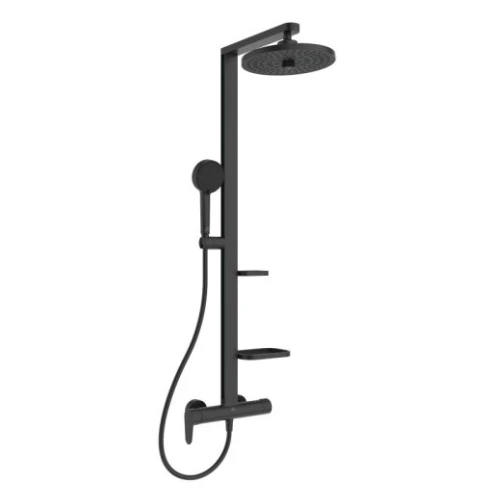 Ideal Standard Alu+ système de douche avec ceraflow mélangeur de douche, douchette idealrain ø 100 mm 8 l/min 2f, pomme de tête ø 260 mm 12 l/min 2f, idealflex 1750 mm et 2 tablettes silk black