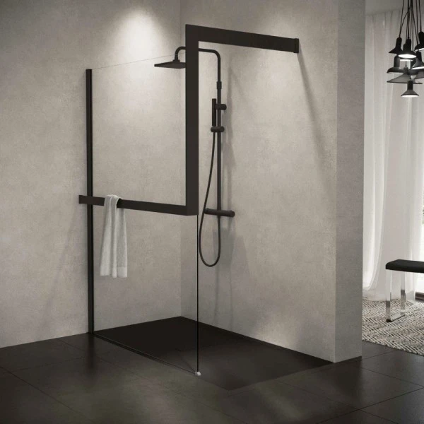 Novellini Kuadra H Frame Kit - zwart mat - bevestiging aan muur frame aan buitenkant met handdoekhouder-rechts