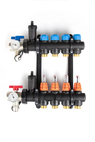 ProOne UFH gemonteerde kunststof collectorset voor vloerverwarming 4/4 - 8x EK3/4 - inclusief bolkraan + automatische ontluchters + flowmeters