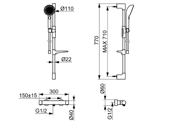 Hansa HansaPrisma douchethermostaat met doucheset 110 mm 3-jets met glijstang 770 mm en flexibel 1750 mm - geborsteld staal