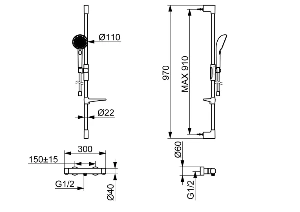 Hansa HansaPrisma douchethermostaat met doucheset 110 mm 3-jets met glijstang 970 mm en flexibel 1750 mm - chroom