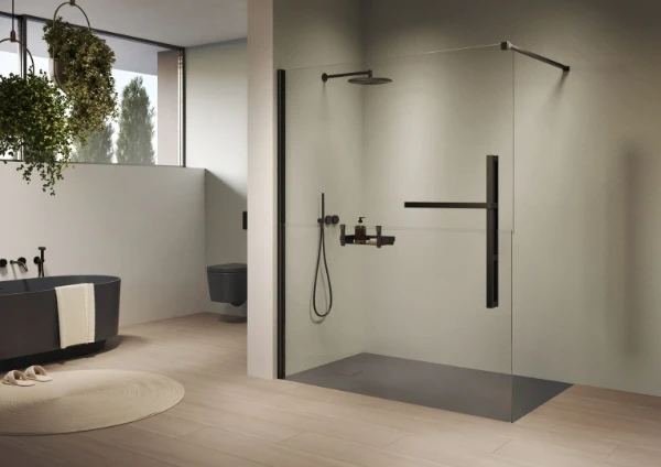 Huppe Duplo paroi autoportante 1600 x 2000 mm - verre clair - noir mat profil - fixation gauche