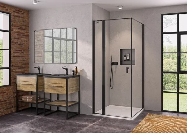 CB0305123321 Huppe Qube douchezwaaideur met vast segment 1000 x 2000 mm - helder glas - black edition