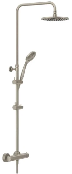 GESSI Shower Column Colonne de douche THERMOSTATIQUE avec pomme de douche Ø200, inverseur automatique, support orientable sur barre de douche, flexibles 1,50 m et douchette anticalcaire. Finox Brushed