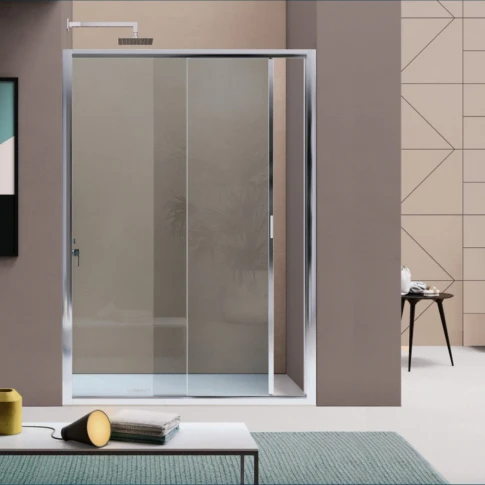 Samo Duso porte coulissante 1370 - 1410 x 1950 x 6 mm - réversible - titanium - verre transparent