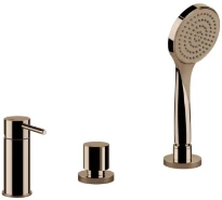GESSI Via Tortona Mélangeur bain-douche trois trous avec inverseur, flexibles de raccordement 1,50m et douchette anticalcaire, sortie coudée. Cuivre PVD