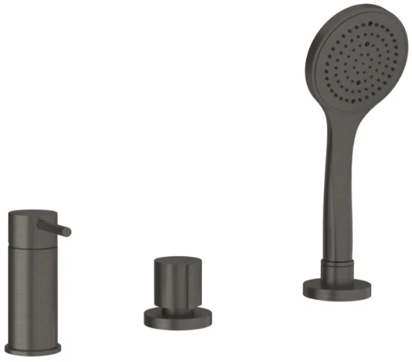 Gessi Via Tortona Mélangeur bain-douche trois trous avec inverseur, flexibles de raccordement 1,50m et douchette anticalcaire, sortie coudée. Black Metal Brossé PVD