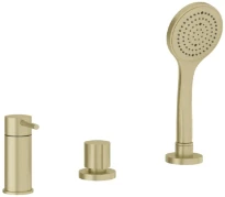 Gessi Via Tortona Mélangeur bain-douche trois trous avec inverseur, flexibles de raccordement 1,50m et douchette anticalcaire, sortie coudée. laiton brossé PVD