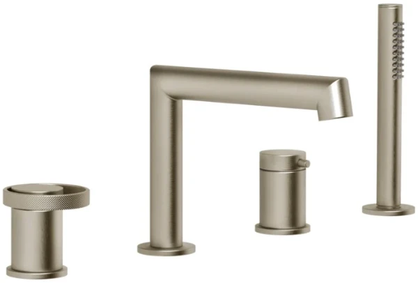 GESSI Anello Mitigeur bain-douche trois trous sur plan avec bec, inverseur, flexible 1,50m et douchette extractible anticalcaire. Finox Brushed Nickel