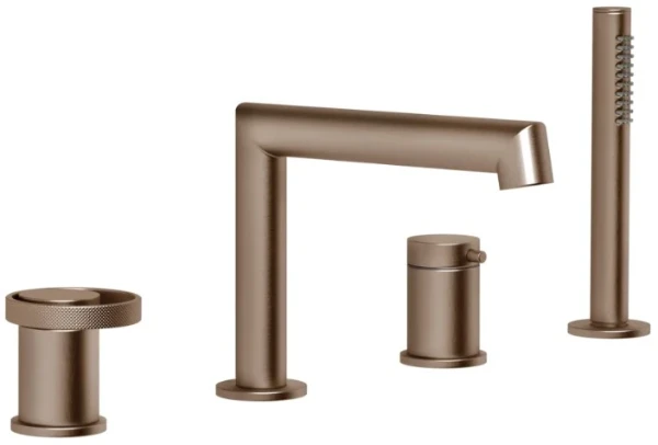 GESSI Anello Mitigeur bain-douche trois trous sur plan avec bec, inverseur, flexible 1,50m et douchette extractible anticalcaire. Cuivre Brossé PVD