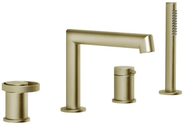 GESSI Anello Mitigeur bain-douche trois trous sur plan avec bec, inverseur, flexible 1,50m et douchette extractible anticalcaire. Brushed Brass PVD