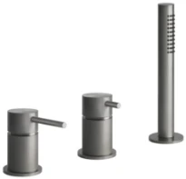 Gessi Bath316 Mélangeur bain-douche trois trous avec inverseur, flexibles de raccordement 1,50m et douchette anticalcaire, sortie coudée. Steel Brushed