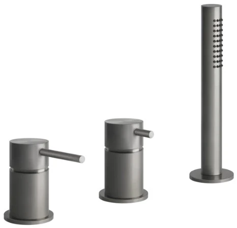 Gessi Bath316 Mélangeur bain-douche trois trous avec inverseur, flexibles de raccordement 1,50m et douchette anticalcaire, sortie coudée. Steel Brushed