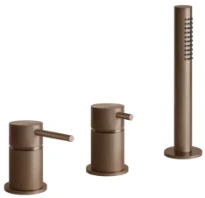 GESSI Bath316 Mélangeur bain-douche trois trous avec inverseur, flexibles de raccordement 1,50m et douchette anticalcaire, sortie coudée. Cuivre Brossé PVD