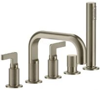 GESSI Inciso - Mélangeur de baignoire cinq trous, avec bec, inverseur, flexibles de raccordement 1,50m et douchette anticalcaire Finox Brushed Nickel
