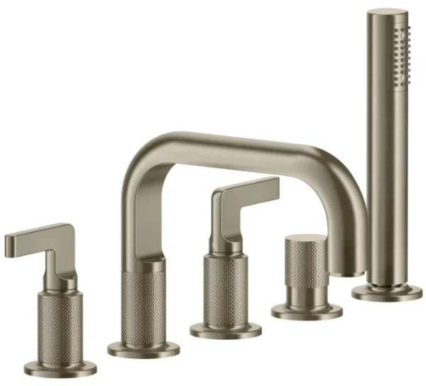 GESSI Inciso - Mélangeur de baignoire cinq trous, avec bec, inverseur, flexibles de raccordement 1,50m et douchette anticalcaire Finox Brushed Nickel
