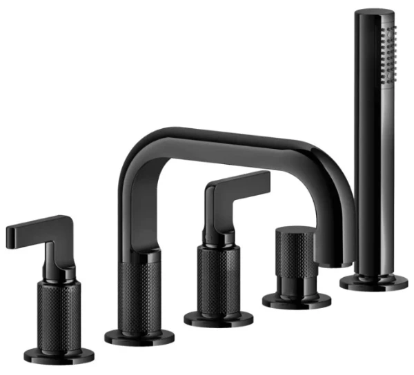 Gessi Inciso - Mélangeur de baignoire cinq trous, avec bec, inverseur, flexibles de raccordement 1,50m et douchette anticalcaire Black Metal PVD