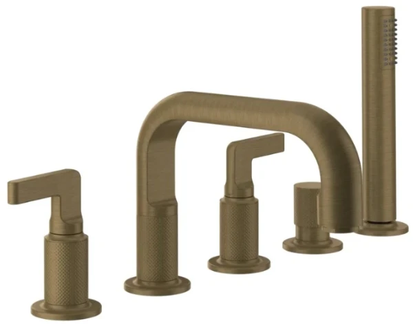 GESSI Inciso - Mélangeur de baignoire cinq trous, avec bec, inverseur, flexibles de raccordement 1,50m et douchette anticalcaire Antique Laiton