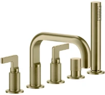 Gessi Inciso - Mélangeur de baignoire cinq trous, avec bec, inverseur, flexibles de raccordement 1,50m et douchette anticalcaire laiton brossé PVD
