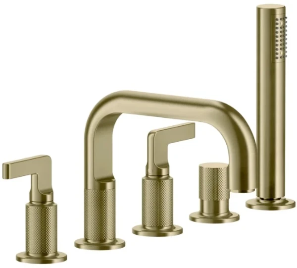 Gessi Inciso - Mélangeur de baignoire cinq trous, avec bec, inverseur, flexibles de raccordement 1,50m et douchette anticalcaire laiton brossé PVD