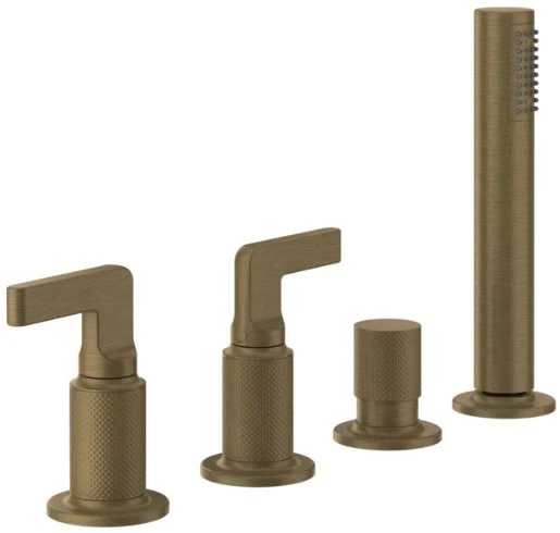GESSI Inciso - Mélangeur bain-douche quatre trous avec inverseur, flexibles de raccordement 1,50m et douchette anticalcaire. Antique Laiton