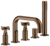 GESSI Inciso + Mélangeur bain-douche cinq trous sur plan avec inverseur, bec bec, flexibles 1,50m et douchette extractible anticalcaire. Cuivre Brossé PVD