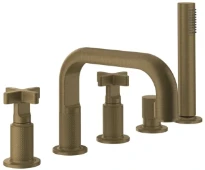 GESSI Inciso + Mélangeur bain-douche cinq trous sur plan avec inverseur, bec bec, flexibles 1,50m et douchette extractible anticalcaire. Antique Laiton
